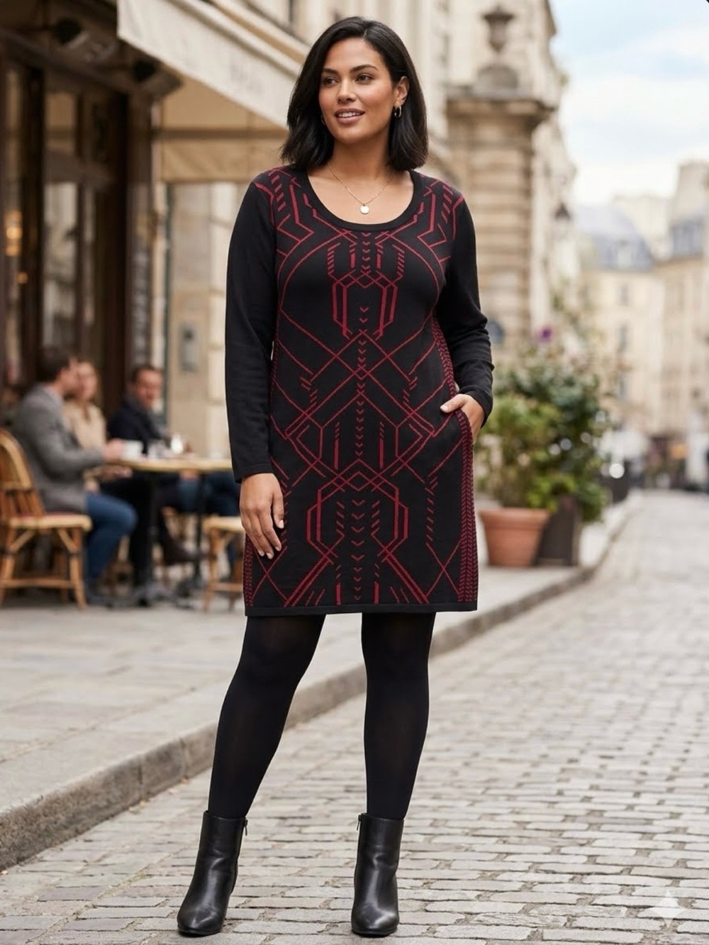 Style & Co. Geometric Sweater Dress Black & Red Mod Goth 1X